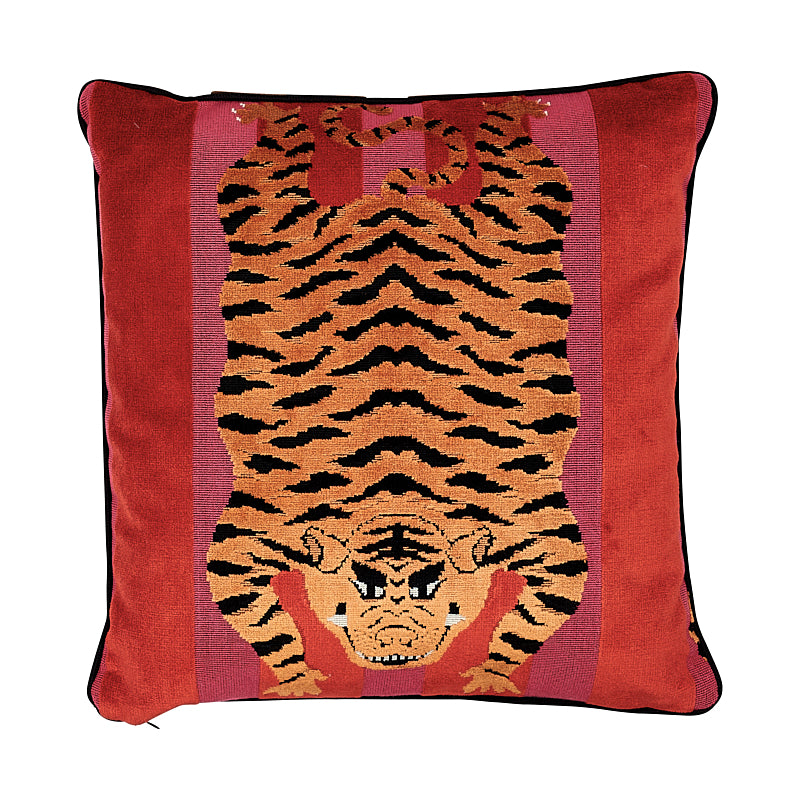 Jokhang Tiger Velvet Pillow | Red & Pink
